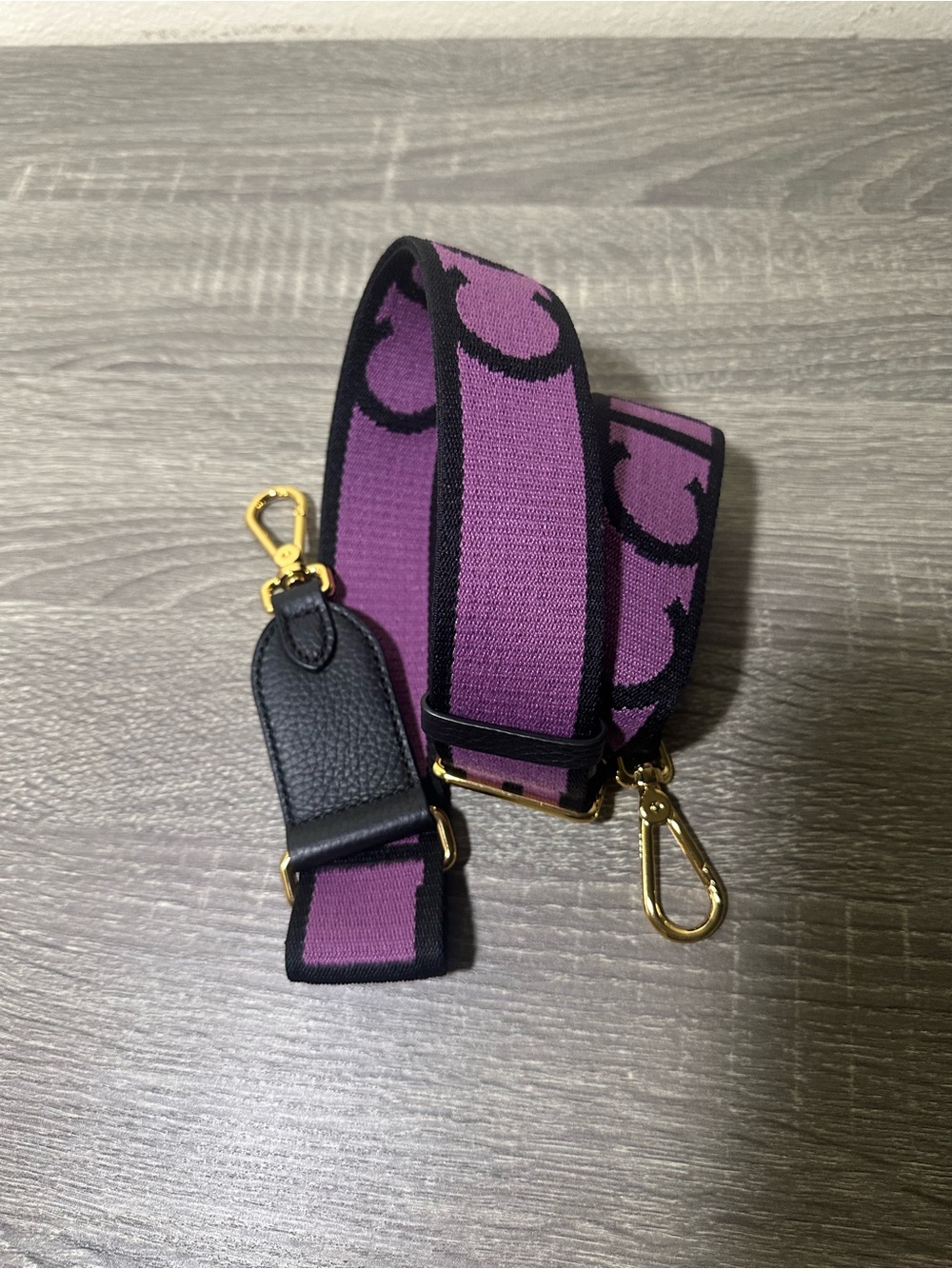 Adjustable Purple Woven Patterned Shoulder Strap, black leather, Gold Hardware